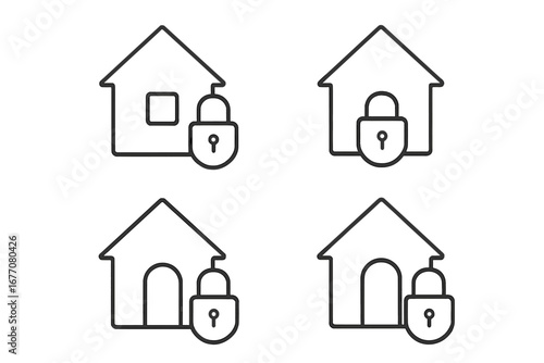 Home security icon set. House and padlock line art symbol. Concept of property protection, safety, and privacy. Real estate security. Locked house vector illustration collection.