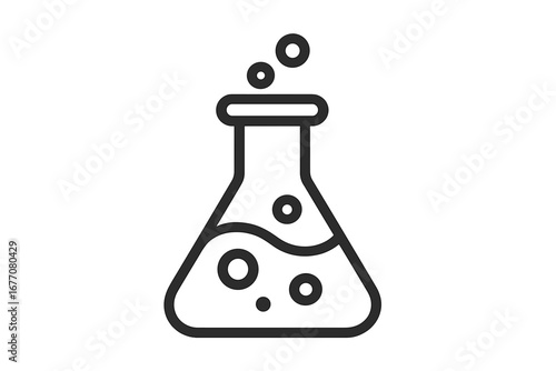 Laboratory flask outline icon. Erlenmeyer flask with bubbling liquid. Chemical reaction concept. Science, chemistry, research, experiment symbol. Vector pictogram for alchemy.