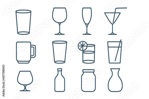 Set of Thin Line Glass Icons Pack, Editable Stroke Vector Illustrations for Web Design, Apps, Books, Cards, Transparent Background, Cartoon Style Drinkware Elements Collection