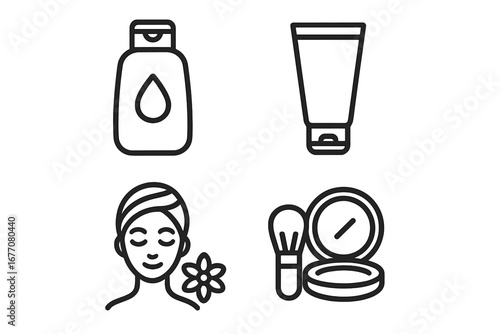 Cosmetics and beauty line icon set. Skincare product symbols. Spa treatment, lotion bottle, cream tube, and face powder with brush. Vector wellness and personal care concept.