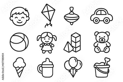 Childhood outline icon collection with editable stroke. Set of kids toys and baby items like teddy bear, doll, car, ball, kite, and blocks. Simple vector cartoon illustration.