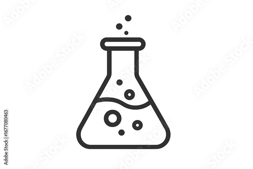 Laboratory flask line icon for science and chemistry. Chemical research, lab experiment vector symbol. Conical beaker with bubbling liquid, scientific discovery concept illustration.