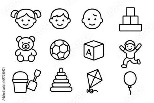 Childhood toys and kids activities outline icon set. Simple vector line art collection for kindergarten. Includes baby, girl, boy, teddy bear, ball, blocks, bucket, kite, balloon.