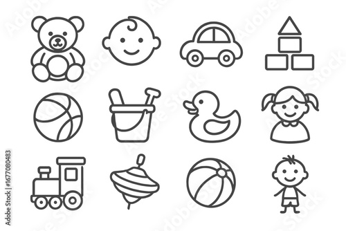 Childhood line icon set. Baby and toddler toys collection. Vector outline symbols for kids. Teddy bear, car, duck, train, ball, blocks. Editable stroke pictogram pack.