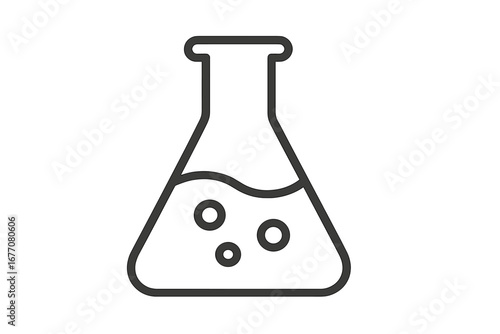 Laboratory flask outline icon. Erlenmeyer beaker with liquid, bubbles. Concept for science, chemistry, research, experiment, discovery. Linear vector symbol for web, app, ui, ux.