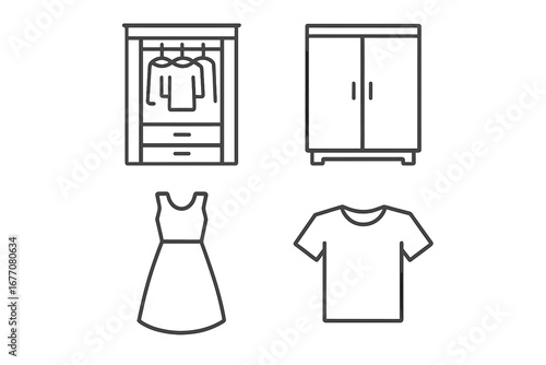 Closet & wardrobe line icon set. Dress, t-shirt & clothing outline pictograms. Editable stroke vector illustration for fashion, furniture, storage & apparel design concepts.