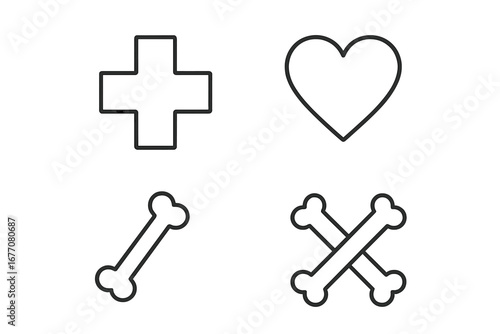 Health care and medical linear icon set. Vector pictograms include a plus cross for first aid, a heart for cardiology, a bone for orthopedics, and crossed bones for danger.