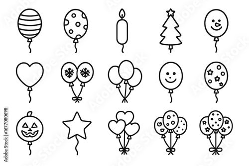 Holiday Balloon Thin Icon Set with Editable Stroke, Vector Cartoon Illustrations for Web, Books, Cards, and Apps, Transparent Background, Festive and Seasonal Decorations in Ordered Set