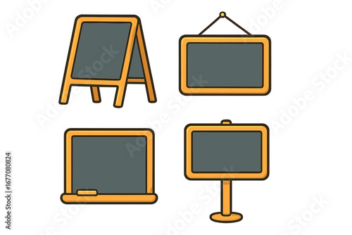 Set of blackboards, isolated vector cartoon illustration. Empty chalkboards, sandwich board, hanging sign for menu, message, or announcement. Blank template with copy space.