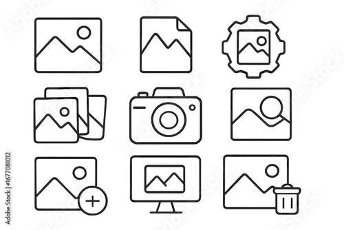 Picture line icon set. Photo gallery, image file, camera, and album symbols. Outline vector signs for web design, apps, UI, and UX. Add, delete, edit, and search concepts.