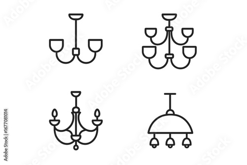 Chandelier and lamp line icon set. Minimalist ceiling light pictograms for web and graphic design. Home interior decoration element. Modern and classic lighting fixtures.