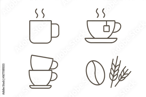 Coffee and tea line icon set. Minimalist vector symbols for cafe menu, drinks, and beverages. Includes steaming cup, mug, teacup, coffee bean, and grain illustration.