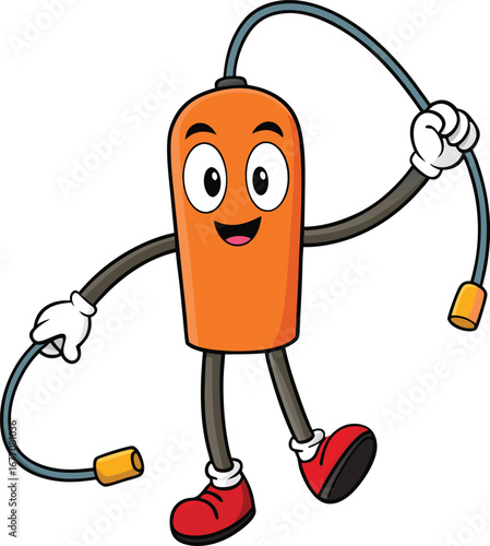 Vector cartoon battery character jumping rope