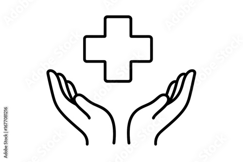 Hands holding medical cross symbol. Health care, medicine, and charity concept. Metaphor for protection, help, and support. Vector line illustration for insurance, hospital, or clinic.