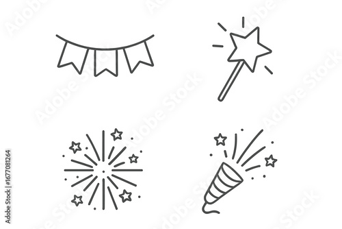Party and celebration line icon set. Holiday event symbols. Vector collection of garland, magic wand, firework and confetti popper. Minimalist outline design for web and apps.