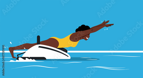 Depiction of a person using a underwater scooter in pool with blue water as she swims. Underwater scooter fun for warm weather activities and summer vacations, enjoying time at pool,