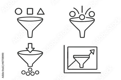 Sales funnel vector icon set. Marketing conversion, lead generation & data filtering concept. Business process optimization & analysis graphic for infographics, websites, apps.