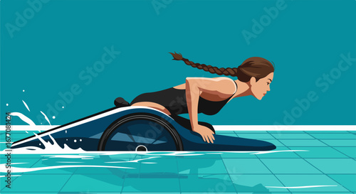 Woman swimming using a futuristic water scooter on a pool for recreation and exercise. Water scooter dives underwater, a fun active lifestyle.