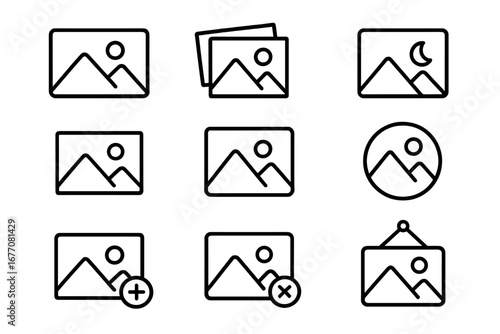 Picture line icon set. Photo gallery, image, and photograph symbols. Includes add, delete, framed, and landscape signs. For web design, UI, UX, apps. Vector outline pictogram.