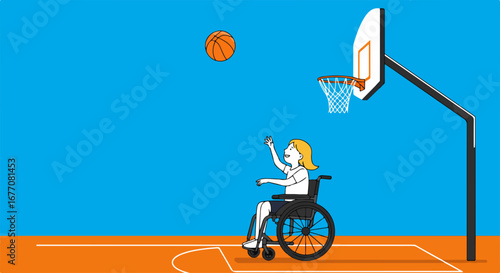 Wheelchair basketball depicts inclusivity with player aiming for hoop on orange court. Wheelchair basketball demonstrates physical activity, health, and sports engagement.