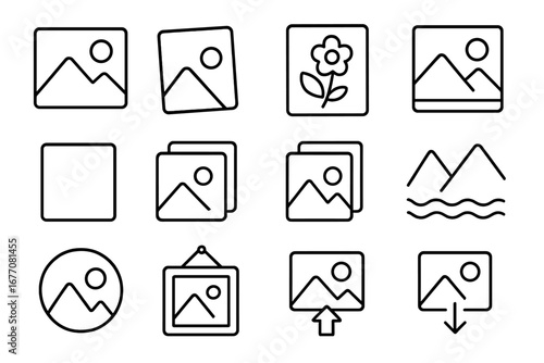 Picture line icon set. Photo gallery outline signs for web design, apps. Image placeholder, upload, download symbol. Vector illustration of landscape, frame, album concepts.