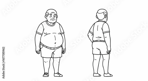 Overweight man figure in simple line art, front and back view. Overweight man, an illustration of body positivity, is shown in outline.