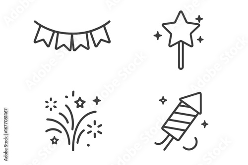 Vector set of party and celebration line icons. Includes garland, bunting, magic wand, firework, rocket. Holiday symbols for birthday, festival, anniversary, New Year's Eve.