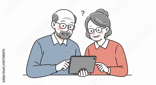 Two confused elderly using technology and asking questions about tablet, senior couple seeks guidance with digital device, finding themselves perplexed. These elderly struggle with new technology,