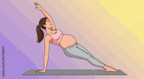 Pregnant yoga pose shows healthy side plank, a modified version of traditional exercise, on exercise mat. Pregnant yoga pose is a safe fitness activity for expectant mothers,
