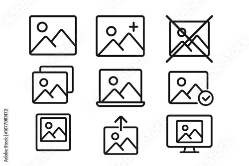 Picture line icon pack for web and graphic design. Photo gallery, image upload, add and delete symbol set. Outline pictogram for mobile app, UI, UX. Vector illustration.