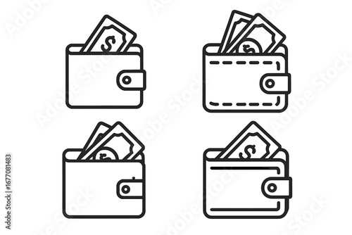 Wallet with money outline icon set. Cash in purse vector symbol. Finance, payment, salary, and savings concept. Dollar bills for business, budget, and income illustration.