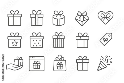 Gift box and present line icon set for celebration, birthday, and holidays. Vector symbols for surprise, online shopping, prize, and rewards program. Editable stroke icons.