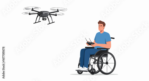 Man in wheelchair operating drone with remote control. Person uses advanced technology for photography or videography.  Innovative technology application for people with disabilities.