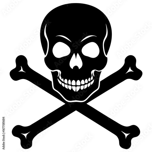 Black silhouette of a skull and crossbones symbol isolated on a clean white background for hazard warning design.