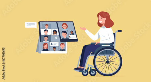 Video conference on tablet shows diverse people in a work meeting. Video conference portrays workplace inclusion and accessibility for remote teams in a digital meeting, showcasing global connection.