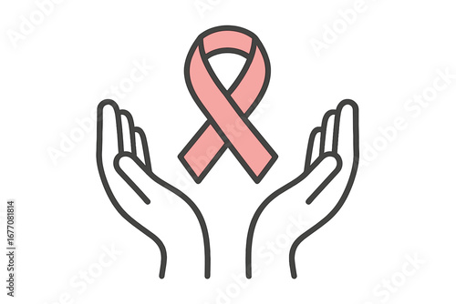Pink ribbon breast cancer awareness symbol held in open hands. Concept for charity, support, hope, and healthcare. Vector line icon for medical campaigns, web, and print media.