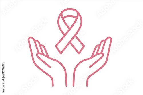 Pink ribbon in open hands. Breast cancer awareness month symbol. Concept for hope, charity, support, and healthcare. Medical vector line icon for solidarity campaigns.