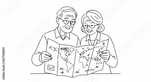 Elderly couple looking at map, planning travel adventure with guide in hand. Elderly couple enjoys journey planning, dreaming of vacation, and looking for places to visit.