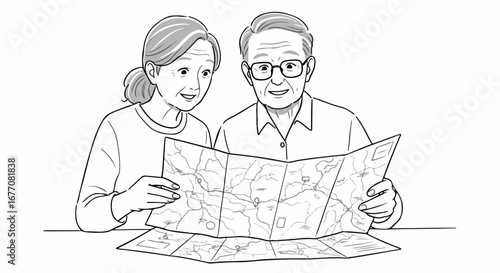 Elderly couple looks at a map, planning their next trip, reminiscing about past adventures, enjoying shared memories. Elderly couple navigates roadmap, dreaming of exploring new destinations.