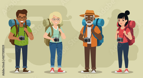Diverse travelers with backpacks and cameras illustrate adventure travel enthusiasm, showing happy people embarking on an unforgettable journey. Adventure travel inspires excitement and curiosity,