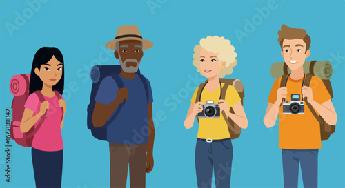 Group of travelers with backpacks ready for adventure, captured in this engaging illustration of travelers heading out to explore.