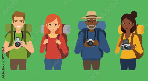 Group of diverse tourists with cameras and backpacks enjoying tourism, with varied skin tones, expressing enthusiasm.