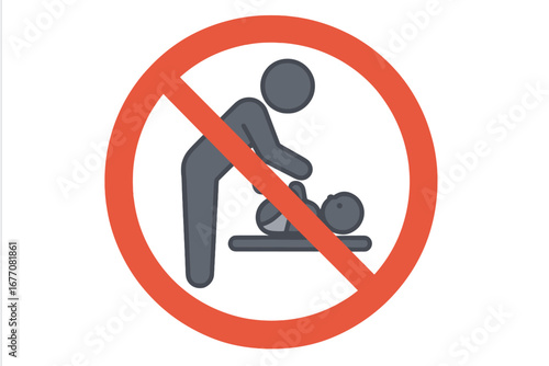 No baby changing sign. Diaper change prohibited vector icon. Do not change nappies here. Public restroom safety and hygiene regulation symbol. Parent and infant care warning.