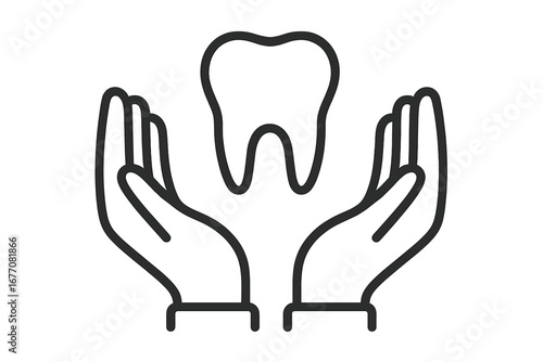 Hands holding a tooth. Dental care concept outline icon. Oral health and hygiene symbol. Dentistry, stomatology, and dental clinic logo. Tooth protection and insurance vector.