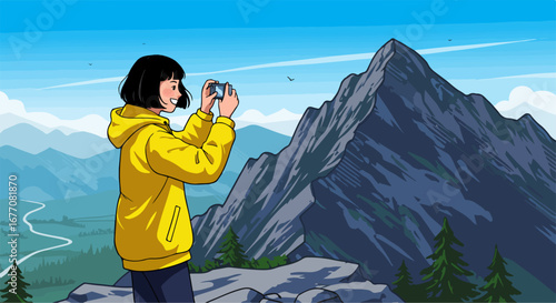 Woman taking photo of mountain peak with her mobile phone, enjoying beautiful scenery. Mountain peak experience with smartphone in hand, capturing vista, adventure, and nature.