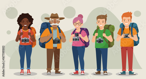 Multiethnic group of tourists, each holding a camera, are ready for vacation travel. Vacation travel is popular among different age groups, from young adults to seniors, all seeking adventure.