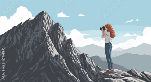 Woman with binoculars observes mountain peak during nature trip. She views mountain landscape and enjoys scenery, which adds to her wanderlust. Mountain peak experience for travel blog posts,