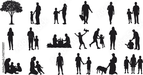Family silhouette, parent and child, people walking, outdoor activity, tree silhouette, family picnic, playing kids, walking dog, mother and child, father figure, family love, parenting concept