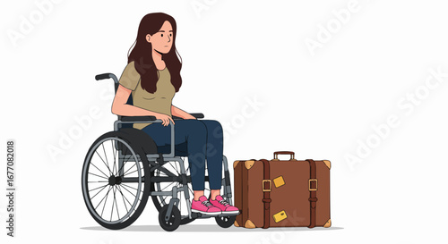 Woman in wheelchair with suitcase ready for travel. Woman in wheelchair shows independence and accessibilities while anticipating travel.