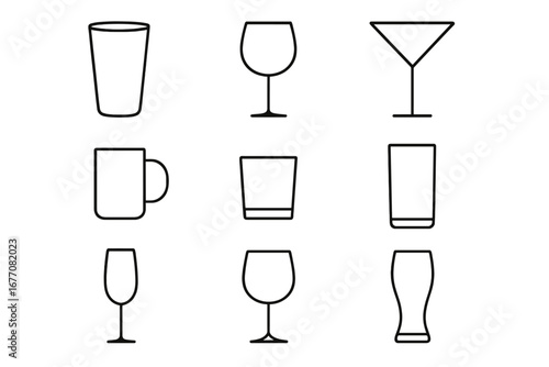 Glassware line icon set. Simple drink and beverage outline symbols. Vector collection of cocktail, wine, beer, water glass and mug. Editable stroke for web or app design.